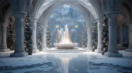 Winter art gallery, where snow-covered sculptures and frozen fountains create an ethereal ambiance, turning the space into a masterpiece itself. - obrazy, fototapety, plakaty