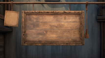 Empty wooden signboard hanging on ropes on the street.