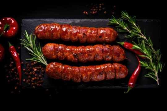 Dry spicy sausage black background top view empty area