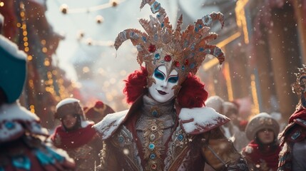 Fototapeta premium Winter carnival parade featuring elaborately decorated floats, marching bands, and performers, with snow-covered streets creating a magical winter spectacle.