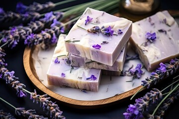 Obraz na płótnie Canvas Handmade lavender soap and oils Health and self care Essential fragrance therapy Natural cosmetic