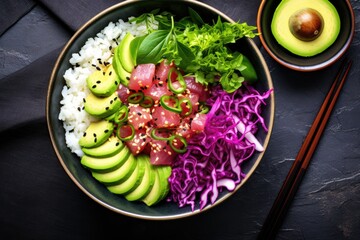 Healthy Hawaiian dish with rice featuring tuna poke bowl and various fresh toppings captured in an aerial flat lay - obrazy, fototapety, plakaty