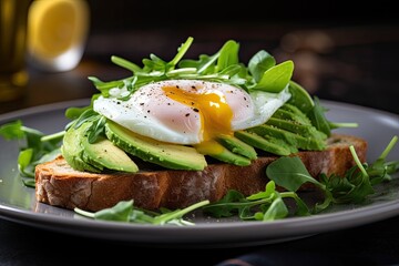 Healthy breakfast or snack of avocado and egg on toast with arugula