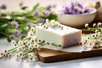 Herbal soap bar with blank paper label package Mint lavender and feverfew on white table Spa concept Cosmetic mockup scene