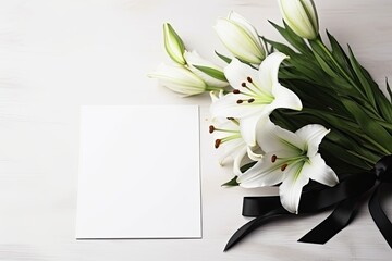 Indoor funeral frame with black ribbon lilies and space for design on white table - obrazy, fototapety, plakaty