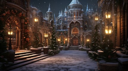 Winter castle courtyard with a candlelit path, where the flickering lights create a fairy-tale ambiance in the snow-covered courtyard.