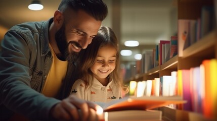 A father helping his daughter choose a colorful book in a quiet, cozy library, instilling the love of reading.