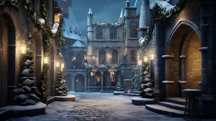 Winter castle courtyard with a candlelit path, where the flickering lights create a fairy-tale ambiance in the snow-covered courtyard.