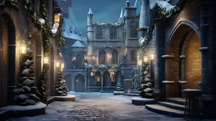 Fotobehang Winter castle courtyard with a candlelit path, where the flickering lights create a fairy-tale ambiance in the snow-covered courtyard. © Nasreen