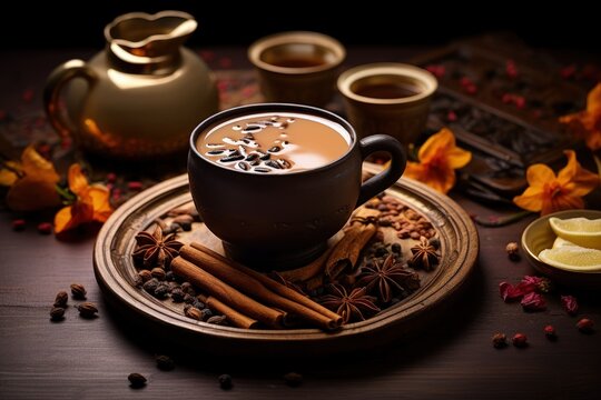 Indian national beverage with tea milk and spices masala