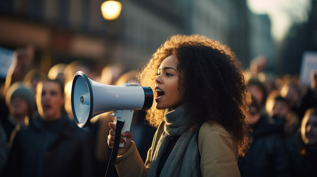 A diverse crowd peacefully protesting, a woman passionately leading the group with a motivational speech.