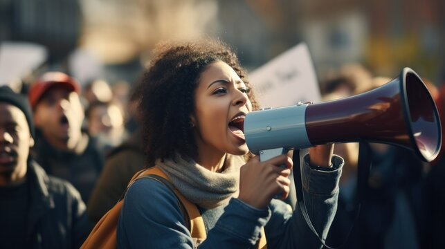 A diverse crowd peacefully protesting, a woman passionately leading the group with a motivational speech.