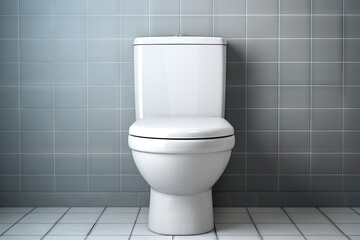 New white toilet installed on tiled wall facing forward