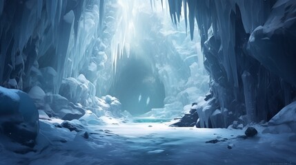 Winter cave behind a crystalline icy waterfall, sunlight filtering through translucent ice.