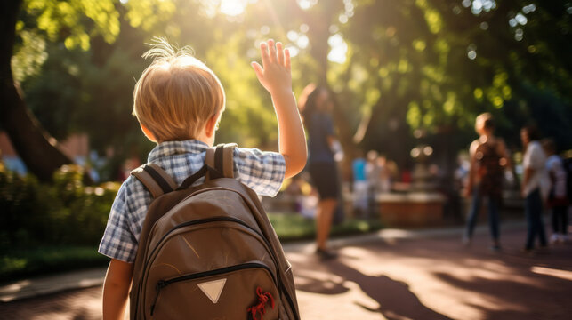 A Young Boy, Backpack Hanging Slightly Off One Shoulder, Waving Goodbye To His Mother On His First Day Of School.