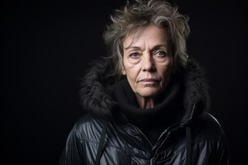 Portrait of an elderly woman in a jacket on a black background - obrazy, fototapety, plakaty