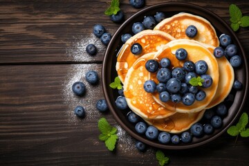 Pancakes topped with blueberries and maple syrup a delicious and healthy breakfast Vertical top view - obrazy, fototapety, plakaty