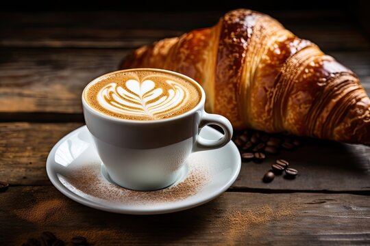 Perfect morning breakfast with cappuccino latte art croissant and a rustic style all on a wooden table
