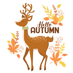 Vector illustration with cute deer character, lettering and autumn leaves isolated on white background. Illustration for Thanksgiving greeting card, invitation template, poster