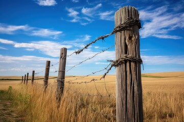 Prairie and blue skies backdrop with wooden post and barbed wire