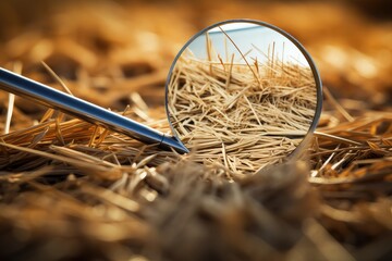 Searching for a needle in a haystack with a magnifying glass - obrazy, fototapety, plakaty