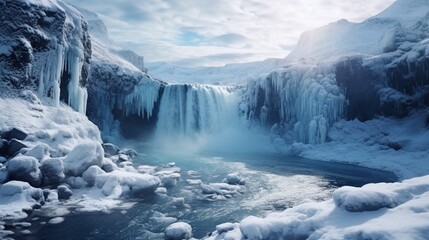 Winter gorge with a majestic frozen waterfall, glistening ice transforming the landscape.