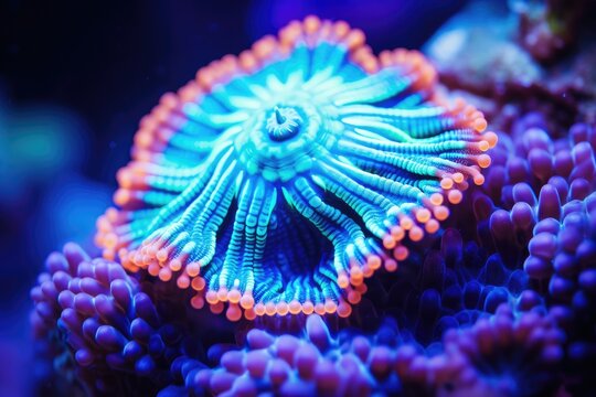 Selective focus on coral ACANTHASTREA ECHINATA in reef aquarium pictured macro under blue light