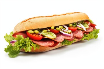 Tasty white isolated sandwich with fresh veggies and salami