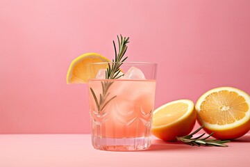 Tequila or lemonade with grapefruit and rosemary on pink background - obrazy, fototapety, plakaty