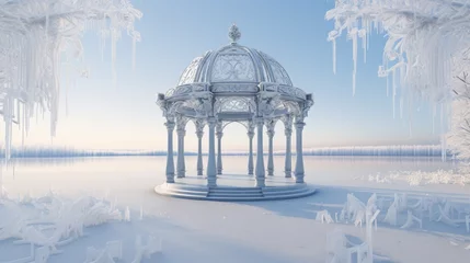 Keuken spatwand met foto Winter lakeside gazebo, its pillars adorned with icicles, overlooking a frozen expanse where skaters leave graceful marks on the pristine ice. © Nasreen