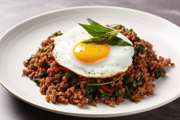 Thai basil and pork stir fry with fried egg on plate