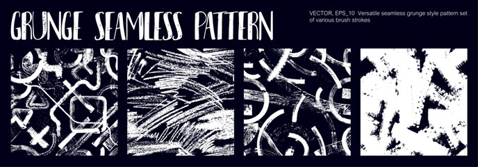 Creative grunge seamless patterns drawn by hand with a brush. Brush strokes, splatters, ink, chalk strokes and roller marks. Seamless pattern grunge texture. Decorative texture graphic box. Vector set
