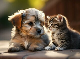 Tiny dog with small striped cat