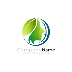 Earth logo with girl design salon, green color, spa icons, beauty design