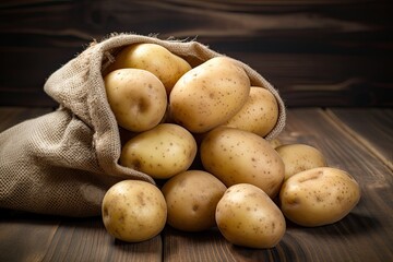 Top view of a wooden background with a sack of fresh raw potatoes