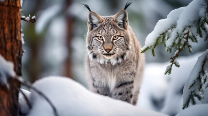 Winter lynx prowling through a snow-laden pine forest, its tufted ears and piercing eyes creating a scene of quiet intensity in the heart of winter.