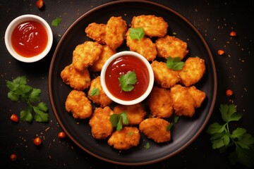 Top view of crispy chicken nuggets served with tomato sauce