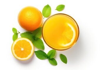 Top view of fresh orange juice on a white background with clipping path