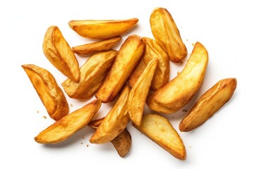 Top view of fried potato wedges alone on white surface Fast food