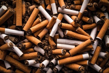 Top view of multiple commercial cigarettes arranged on wood for non smoking campaign