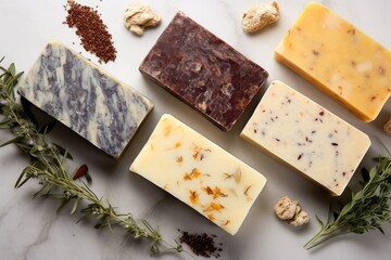 Top view of natural stone background with handmade soap bars and ingredients representing organic soap concept