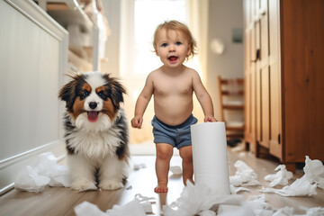 A cheerful child and dog play happily amidst the mess of torn toilet paper in the room.