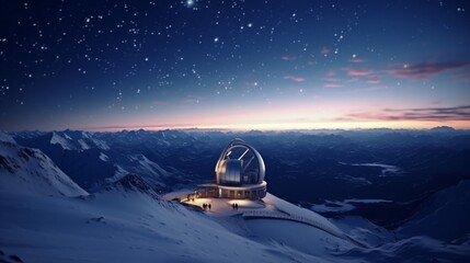 Fototapeta na wymiar Winter mountain observatory with telescopes pointing towards a starry night sky, providing a captivating view of constellations over the snow-covered peaks.