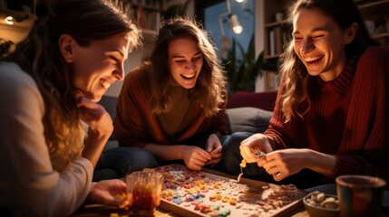Fototapeta premium A vibrant group enjoying a spirited board game night, with snacks scattered around and a moment of cheerful dispute.