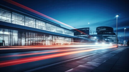 Fototapeta na wymiar Light trails on the modern building background. Light trails at night in urban environment, Abstract Motion Blur City, traffic, transportation, street, road, speed.