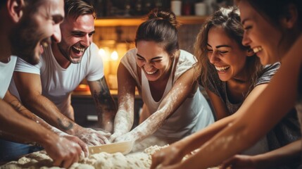 A cheerful group, hands covered in flour, laughing and baking together in a cozy kitchen, embodying friendship and collaboration. - obrazy, fototapety, plakaty