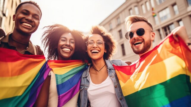 A diverse group of friends, proudly waving a rainbow flag during a Pride Parade, depicting love, acceptance, and unity in diversity.