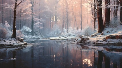 Winter reflections in a forest pond, with snow-laden trees and the delicate hues of twilight mirrored on the glassy surface, creating a serene and enchanting woodland scene.