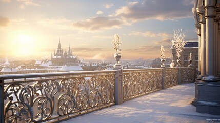 Winter rooftop terrace of a historic building, with ornate railings adorned with delicate icicles,...