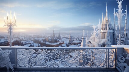 Winter rooftop terrace of a historic building, with ornate railings adorned with delicate icicles, offering a breathtaking view of the snow-covered city below.